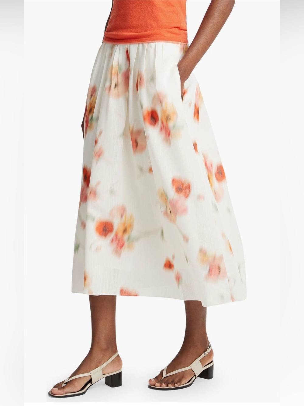 Vince Poppy Blur Gathered Easy Skirt with Watercolor Floral Print and Pockets